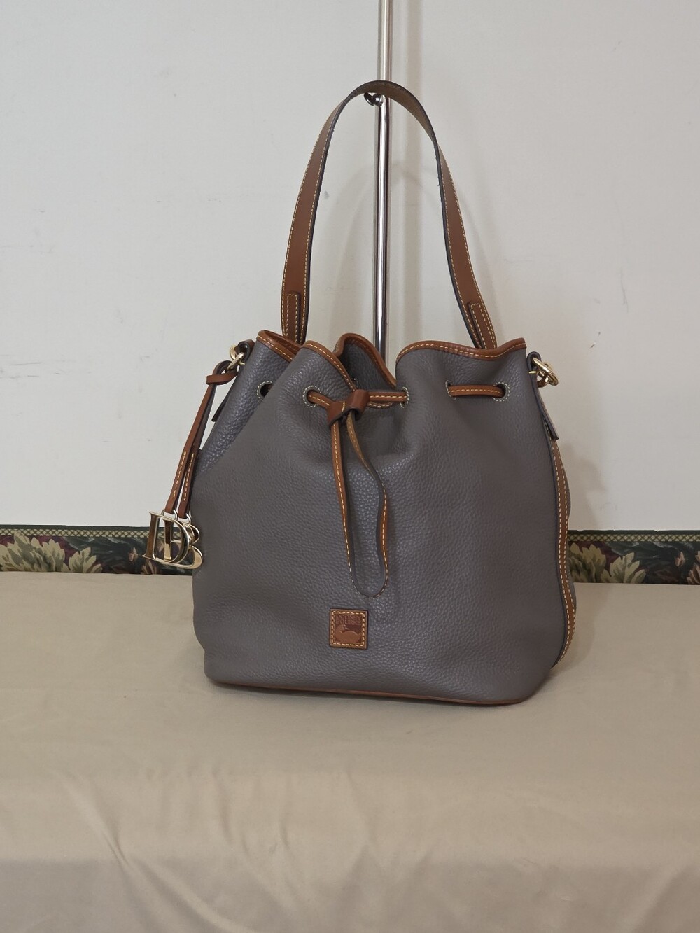 Dooney & Bourke Gray Pebble Leather Drawstring Shoulder Bag